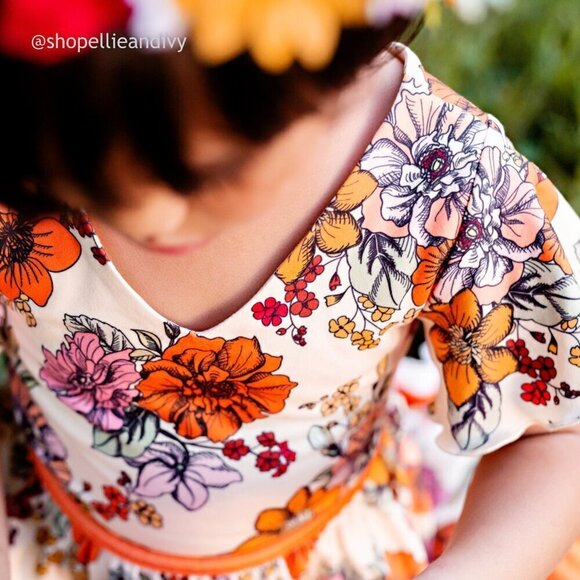 Girl August 3T Marigold Fall Floral Orange Dress with Lace Trim - Picture 8 of 11